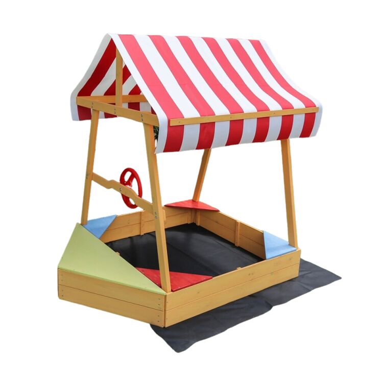 Wooden Boat Sandbox with Striped Canopy, Play Wheel, and Drainage Liner