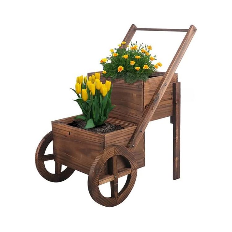 Wooden Wagon Planter Stand with Wheels