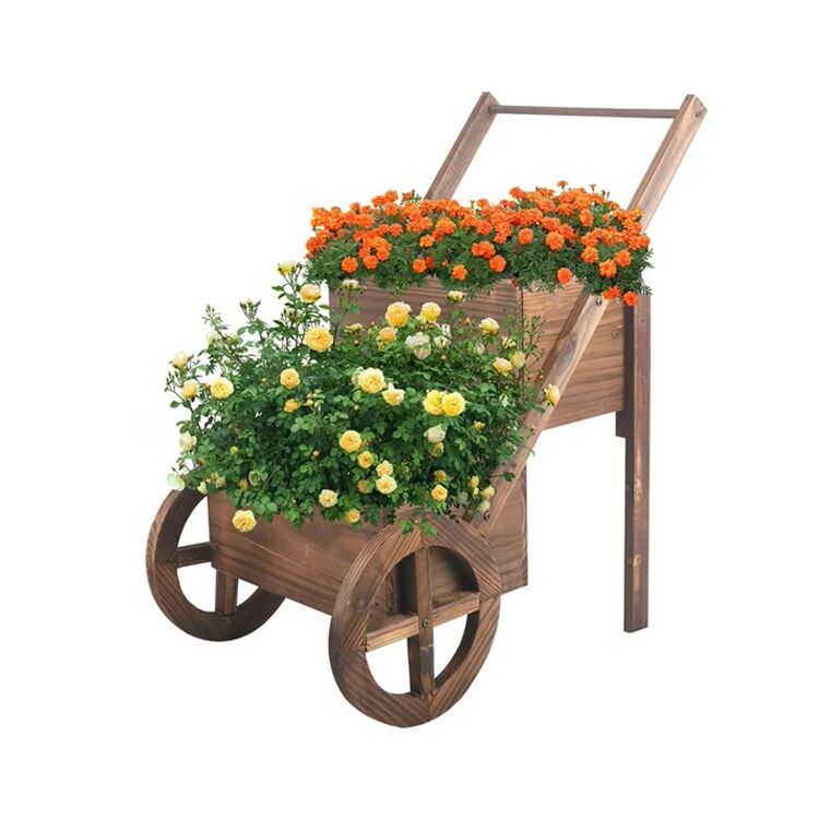 Wooden Wagon Planter Stand with Wheels
