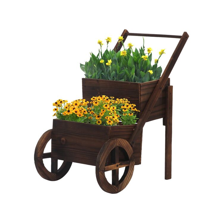 Wooden Wagon Planter Stand with Wheels