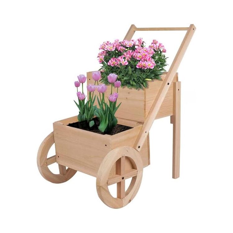 Wooden Wagon Planter Stand with Wheels