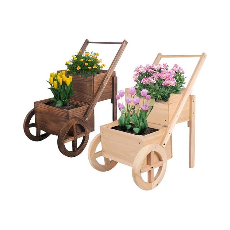 Wooden Wagon Planter Stand with Wheels