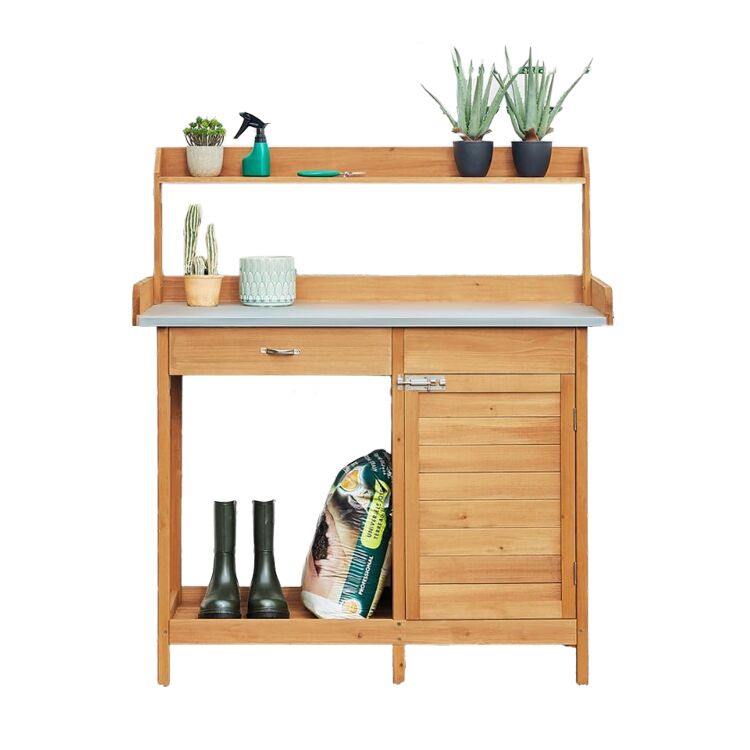 Natural Wood Garden Work Table with Metal Shelf, Drawer and Storage Cabinet