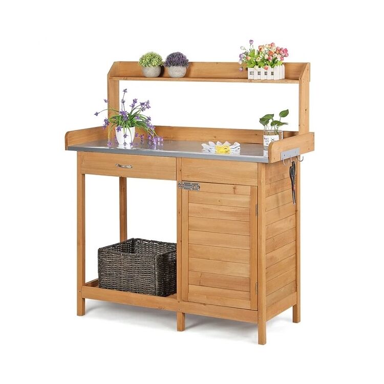 Natural Wood Garden Work Table with Metal Shelf, Drawer and Storage Cabinet