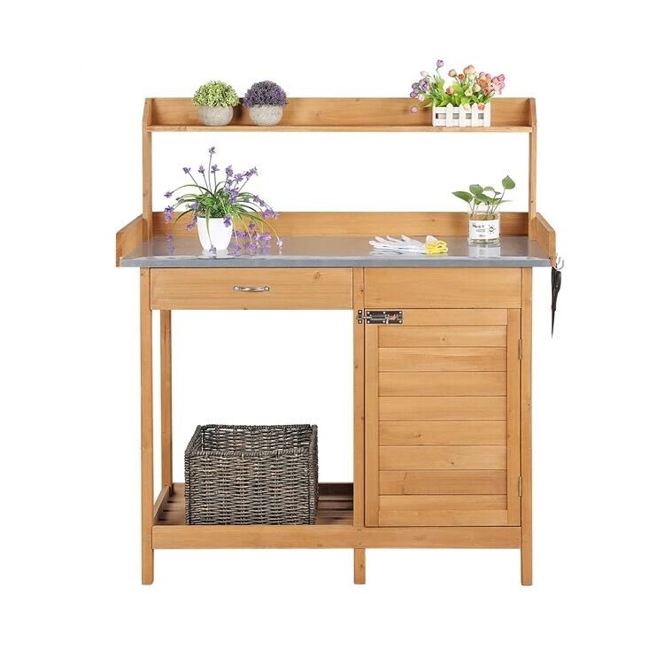 Natural Wood Garden Work Table with Metal Shelf, Drawer and Storage Cabinet