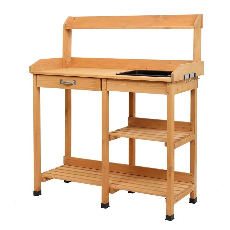Wooden Garden Potting Bench with Sink, Drawer, and Open Shelves