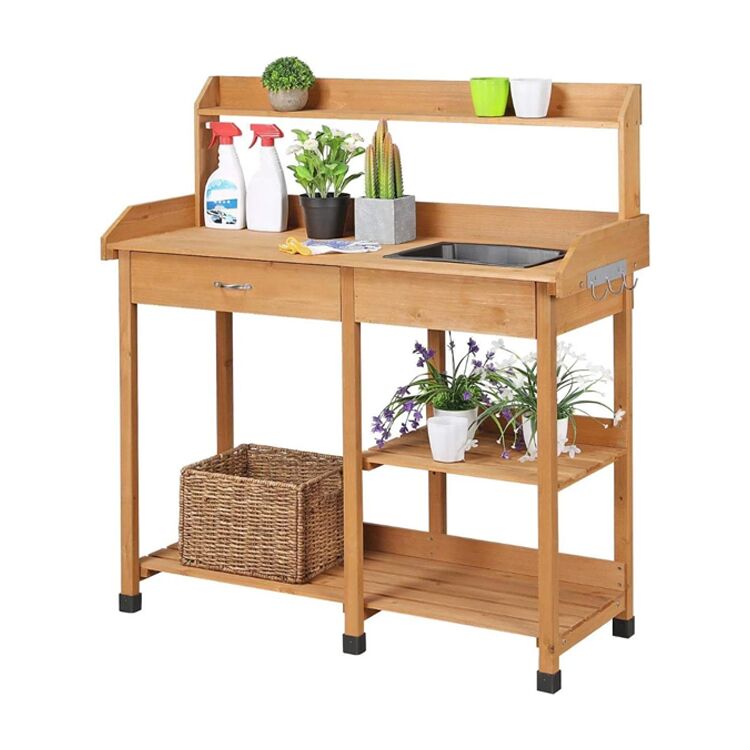 Wooden Garden Potting Bench with Sink, Drawer, and Open Shelves