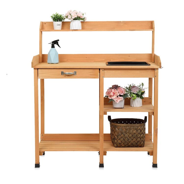Wooden Garden Potting Bench with Sink, Drawer, and Open Shelves