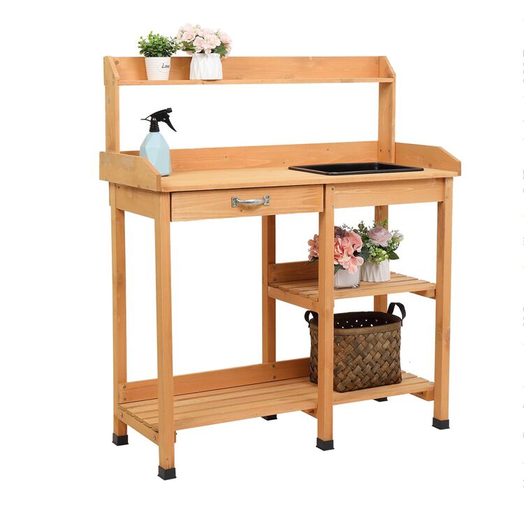 Wooden Garden Potting Bench with Sink, Drawer, and Open Shelves
