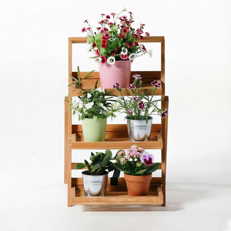 3-Tier Foldable Wooden Plant Stand and Ladder Display Shelf