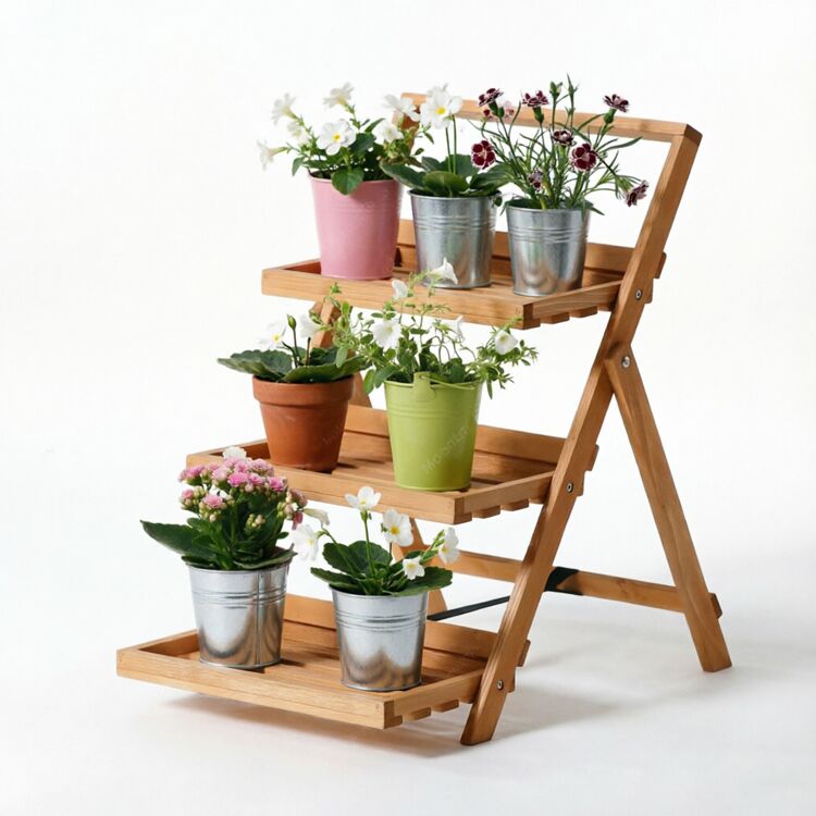 3-Tier Foldable Wooden Plant Stand and Ladder Display Shelf