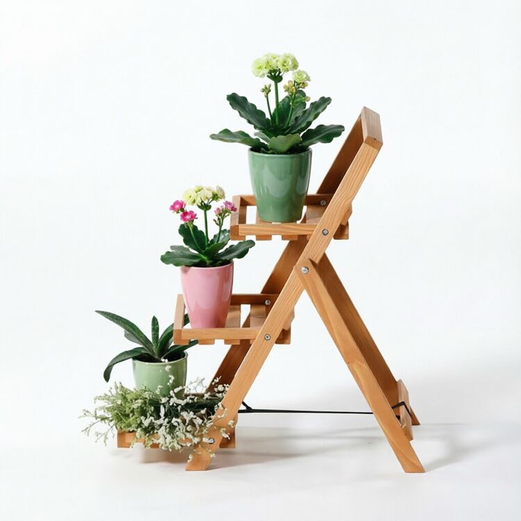 3-Tier Foldable Wooden Plant Stand and Ladder Display Shelf