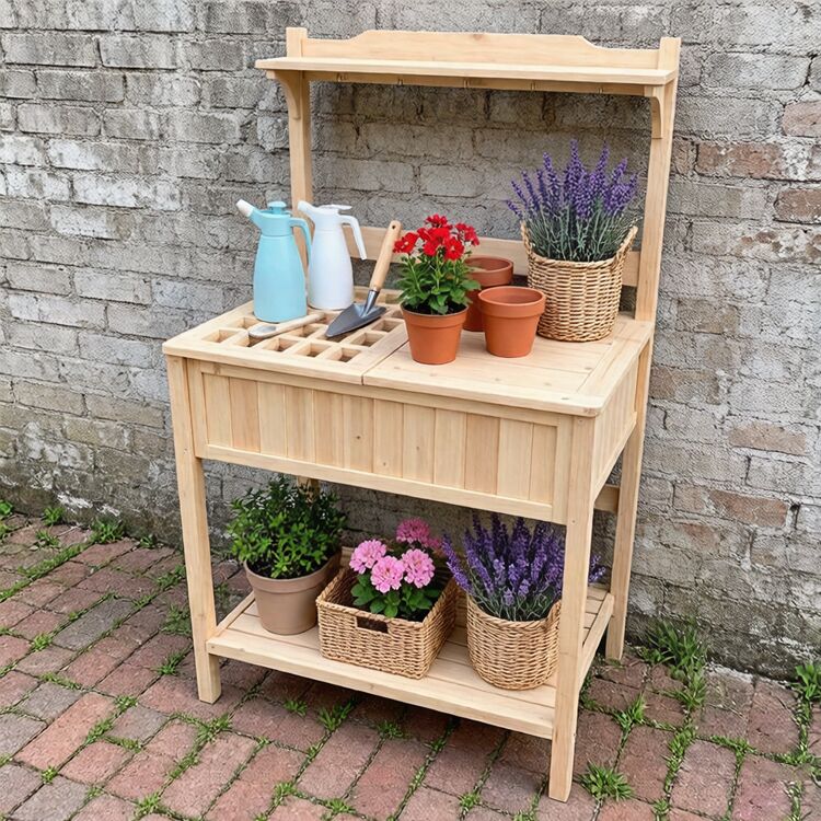 Wooden Outdoor Potting Bench with Storage and Tiered Shelving