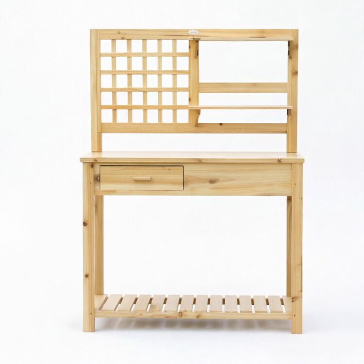 Solid Wood Garden Potting Bench Workstation with Storage Drawer and Lattice Trellis