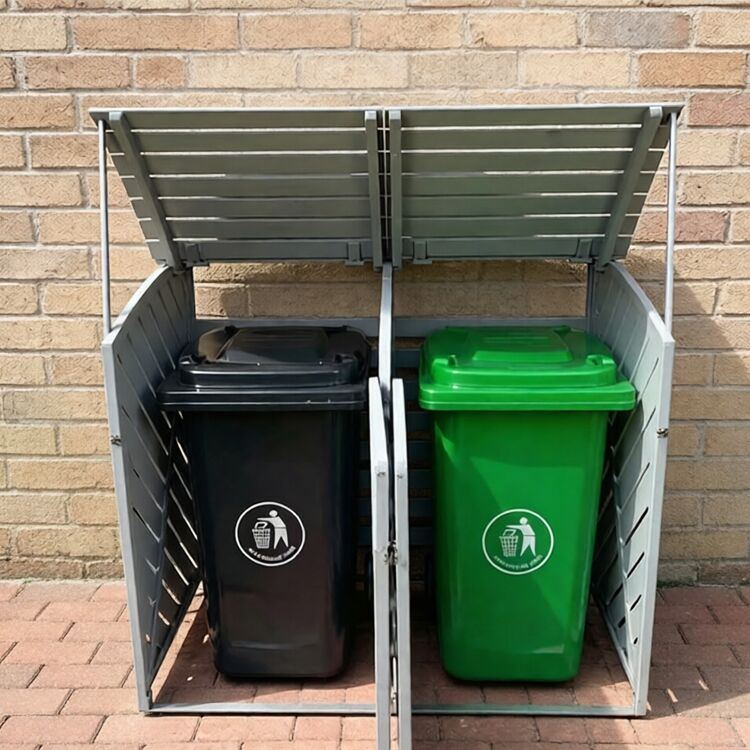 Double Wooden Wheelie Bin Storage Shed with Slatted Design and Curved Roof