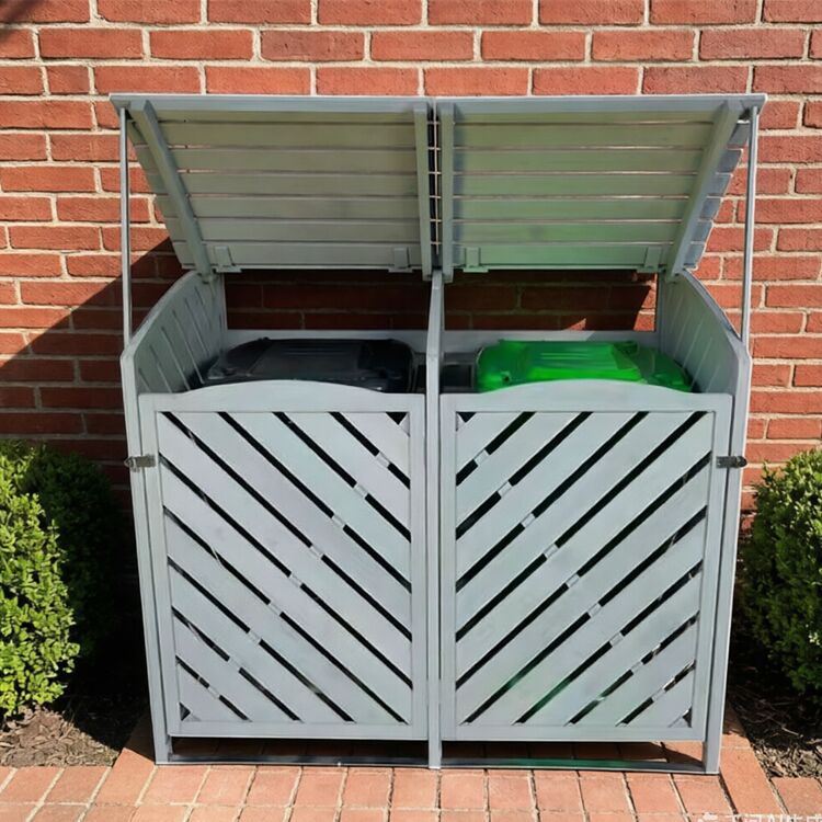 Double Wooden Wheelie Bin Storage Shed with Slatted Design and Curved Roof - Image 4