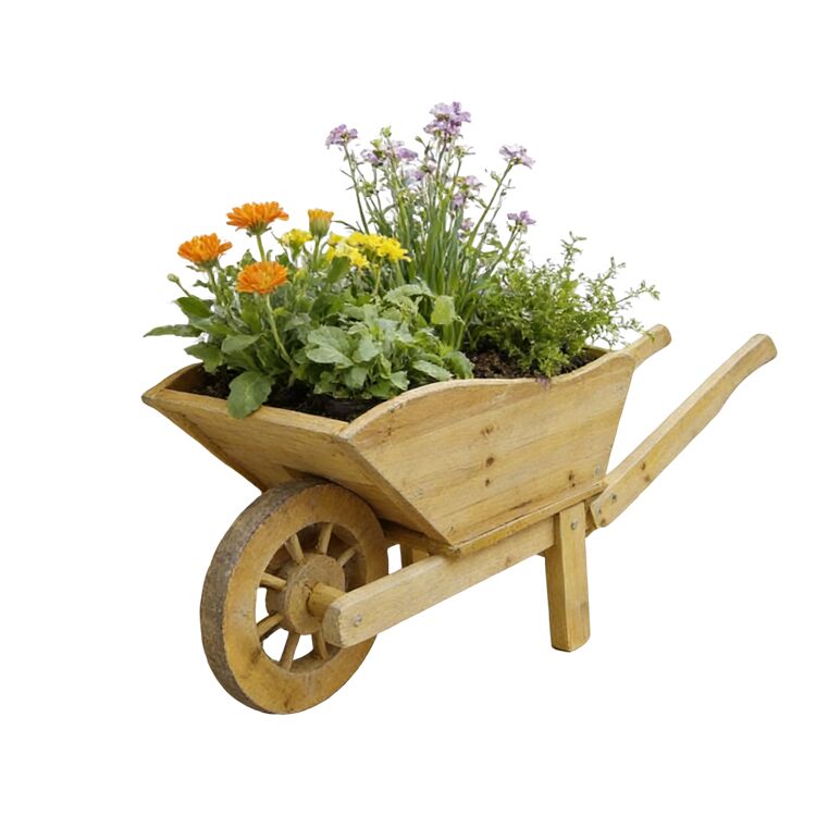 Decorative Wooden Wheelbarrow Planter with Rotating Wheel - Image 4