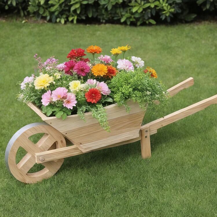 Decorative Wooden Wheelbarrow Planter with Rotating Wheel - Image 3