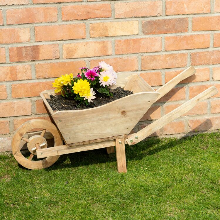Decorative Wooden Wheelbarrow Planter with Rotating Wheel
